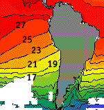 Image of the typical El Nino sea temperatures around South America.  Please have someone assist you with this.