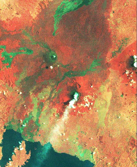 Image of an enlargement, from the March 1975 MSS 3-2-1 image of western members of the Virunga chain, is specifically stretched to show lava flows around the volcanoes.  Please have someone assist you with this.