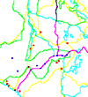 Image which shows the base map for the Local Scale Virunga political map. It shows national boundaries, town locations, etc., coded in different colors.  This image links to a more detailed image.