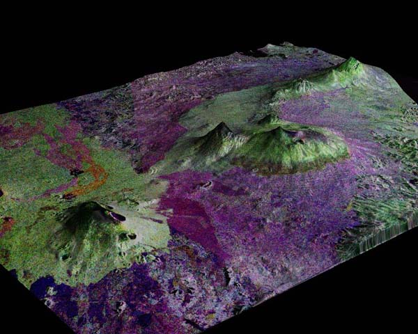 Image showing the April 1994 radar image draped over a three dimensional representation of the Virunga Mountains.  Please have someone assist you with this.