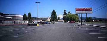 Image of the present Orting High School, with Mount Rainier in the background.